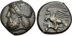The John Morcom Collection of Western Greek Bronze Coins SICILY, Akragas. Circa 338-317/287 BC. Æ (18mm, 6.10 g, 11h). Laureate head of Zeus left / Eagle standing left on hare; Δ below wings. CNS 116 