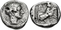 Greek CYPRUS, Marion. Timocharis. Early 4th century BC. AR Sixth Stater (11.5mm, 1.54 g, 9h). Laureate head of Apollo right / Goddess (Europa?) holding on to horns of bull running right; all within in