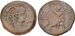 Roman Provincial EGYPT, Alexandria. Nero. AD 54-68. Æ Drachm (35mm, 29.46 g, 12h). Dated RY 14 (AD 67/8). Laureate head right; L I∆ (date) below chin / [ΖΕΥΣ ΚΑ]ΠΕΤΩΛΙΟΣ, Zeus Capitolias enthroned lef