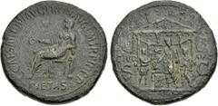 Roman Imperial Gaius (Caligula). AD 37-41. Æ Sestertius (35.5mm, 28.51 g, 6h). Rome mint. Struck AD 39-40. Pietas seated left, holding patera and resting arm on small draped figure standing facing on 