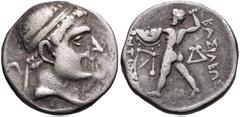 BAKTRIA, Greco-Baktrian Kingdom. Antiochos Nikator. Circa 240-225 BC. AR Drachm (17mm, 4.09 g, 4h). Attic standard. Diademed head right / Zeus Bremetes left; monograms to left and right. Holt Series E