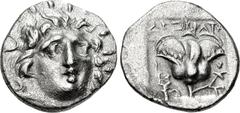 Greek ISLANDS off CARIA, Rhodos. Rhodes. Circa 170-150 BC. AR Hemidrachm (13mm, 1.32 g, 12h). Plinthophoric coinage. Dexikrates, magistrate. Radiate head of Helios facing slightly right / Rose with bu