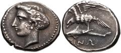 PAPHLAGONIA, Sinope. Circa 410-350 BC. AR Drachm (20mm, 5.91 g, 6h). Head of nymph left, with hair in sakkos decorated with stars and an annulet / Sea eagle on dolphin left. SNG BM Black Sea 1374ff va