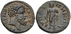 LYDIA, Hypaepa. Pseudo-autonomous issue. Time of Commodus, AD 177-192. Æ (18mm, 3.07 g, 6h). Hermolaos, magistrate. Head of Herakles right / Asclepius standing facing, leaning on serpent-entwined staf