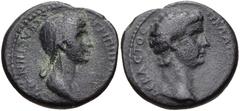 LYDIA, Thyateira. Claudius, with Agrippina Junior. AD 41-54. Æ (20mm, 4.17 g, 12h). Struck AD 50-54. Bare head of Claudius right / Draped bust of Agrippina right. RPC I 2380; SNG München 611. Near VF,