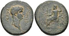 LYDIA, Tralles. Nero. AD 54-68. Æ (23mm, 12.10 g, 6h). Struck circa AD 60. Bare head right / Zeus Larasios seated left, holding Nike and scepter. RPC I 2655; SNG Copenhagen -. VF, earthen green patina