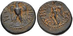 LYDIA, Tralles. Pseudo-autonomous issue. Late 1st century AD(?). Æ (16mm, 3.81 g, 12h). Eagle standing left, head right, holdingwreath in beak / Nike advancing left, holding wreath. RPC II 1100; BMC 8