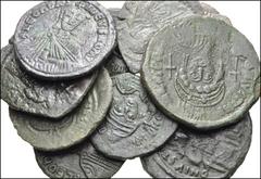 BYZANTINE. Lot of Ten (10) Æ from Justinian I to Constantine X. Includes: Justinian I. Æ Follis // Justin II. Æ Follis // Æ Half Follis // Maurice Tiberius. Æ Follis // Æ Half Follis (2) // Anonymous.