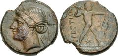 Greek BRUTTIUM, The Brettii. Circa 214-211 BC. Æ Half – Triobol (16.5mm, 3.68 g, 6h). Second Punic War issue. Head of Nike left, wearing stephane; grain ear behind neck / Zeus standing right, wielding