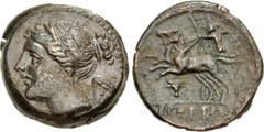 Greek BRUTTIUM, The Brettii. Circa 211-208 BC. Æ Half – Triobol (16.5mm, 4.67 g, 1h). Second Punic War issue. Winged and diademed bust of Nike left; [thunderbolt below] / Zeus, holding thunderbolt and