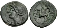 Greek BRUTTIUM, The Brettii. Circa 208-203 BC. Æ Half – Triobol (17mm, 2.82 g, 8h). Second Punic War issue. Winged and diademed bust of Nike left; no control mark below(?) / Zeus, holding thunderbolt 