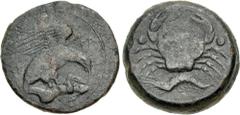 Greek SICILY, Akragas. Circa 415-406 BC. Æ Tetras – Trionkion (21.5mm, 9.33 g, 2h). Eagle, wings spread, standing right on, and tearing at, dead hare / Crab; three pellets (mark of value) around; belo