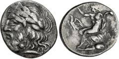 Greek ARKADIA, Arkadian League. Circa 175-168 BC. AR Triobol – Hemidrachm (15.5mm, 2.35 g, 5h). Megalopolis mint. Laureate head of Zeus left / Pan, holding lagobolon and raising hand, seated left on r