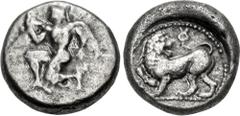 Greek CARIA, Uncertain ('Mint B'). Circa 450 BC. AR Triobol (10mm, 1.46 g, 7h). Aeginetic standard. Nude male, winged on back and feet, running left; [monogram to left] / Lion standing left, head righ
