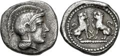 Greek LYCIA, Tlos. Circa 400-380 BC. AR Sixth Stater (12mm, 1.37 g, 6h). Time of Vekhessere II. Helmeted head of Athena right / Two lions, each raising a foreleg, seated confronted; monogram between; 