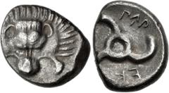 Greek DYNASTS of LYCIA. Perikles. Circa 380-360 BC. AR Third Stater (14mm, 2.62 g). Limyra mint(?). Lion scalp facing / Triskeles within incuse circle. Müseler VIII, 47–51. Lightly toned, irregular fl