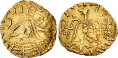Early Medieval MEROVINGIANS, Pseudo-Imperial coinage. Circa 500-580. AV Tremissis (14.5mm, 1.43 g, 6h). Imitiating a Constantinople mint tremissis of Justinian I (527-565). Uncertain Gallic mint. IIVI