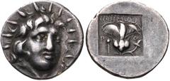 ISLANDS off CARIA, Rhodos. Rhodes . Circa 170-150 BC. AR Hemidrachm (13mm, 1.34 g, 1h). ‘Plinthophoric’ coinage. Mnemon, magistrate. Radiate head of Helios facing slightly right / Rose with bud to rig