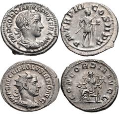 ROMAN. Imperial. Lot of Two (2) AR of Gordian III and Volusian. Includes: Gordian III. Rome mint. 8th emission, AD 240. Laureate, draped, and cuirassed bust right / Gordian standing right, holding glo