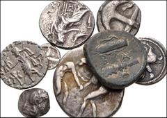 MIXED. Greek-Central Asian. Lot of Eight (8) AR and Æ. Includes: GREEK: Kings of Macedon. Perdikkas II. AR Tetrobol // Alexander III. AR Drachm // Alexander III. Æ // Thrace, Apollonia Pontika. AR Dra