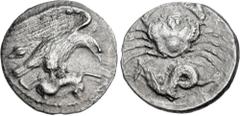 Greek SICILY, Akragas. Circa 420-410 BC. AR Hemidrachm (15.5mm, 1.79 g, 9h). Eagle standing right on, and tearing at, hare; barley grain to left / Crab; below, ketos left with fish in its mouth. Weste