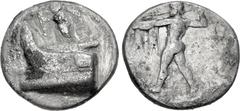 Greek KINGS of MACEDON. Demetrios I Poliorketes. 306-283 BC. AR Tetradrachm (27mm, 16.59 g, 11h). Salamis mint. Struck circa 298-295 BC. Nike standing left on prow of galley left, blowing trumpet and 