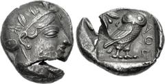 Greek ATTICA, Athens. Circa 454-404 BC. AR Tetradrachm (22.5mm, 16.96 g, 9h). Helmeted head of Athena right, with frontal eye / Owl standing right, head facing, closed tail feathers; olive spray and c