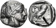 Greek ATTICA, Athens. Circa 454-404 BC. AR Tetradrachm (24mm, 16.79 g, 8h). Helmeted head of Athena right, with frontal eye / Owl standing right, head facing, closed tail feathers; olive spray and cre