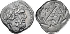 Greek ACHAIA, Achaian League. Dyme. Circa 86 BC. AR Triobol – Hemidrachm (15.5mm, 2.38 g, 8h). Laureate head of Zeus right / Monogram of the Achaian League; ΔY monogram above, T to left, AP monogram t