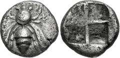 Greek IONIA, Ephesos. Circa 420-405/4 BC. AR Obol (8mm, 0.64 g). Lydo-Milesian standard. Bee with curved wings; [E]-Φ flanking / Quadripartite incuse square. Karwiese II, Series 7.2.b var. (no ethnic)