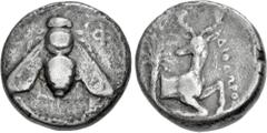 Greek IONIA, Ephesos. Circa 390-325 BC. AR Tetradrachm (22mm, 13.96 g, 12h). Diodoros, magistrate. Class A, circa 390-380 BC. Bee with straight wings / Forepart of stag right; palm tree to left. Karwi