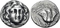 Greek ISLANDS off CARIA, Rhodos. Rhodes. Circa 205-190 BC. AR Drachm (13.5mm, 2.65 g, 12h). Reduced standard. Stasion, magistrate. Head of Helios facing slightly right / Rose with bud to right; ΣTAΣIΩ