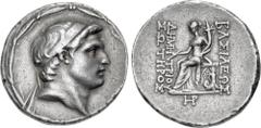 Greek SELEUKID EMPIRE. Demetrios I Soter. 162-150 BC. AR Tetradrachm (29mm, 16.53 g, 12h). Antioch on the Orontes mint. Undated issue, struck 162-155/4 BC. Diademed head right within wreath / Tyche, h