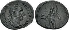 Roman Imperial Trajan Decius. AD 249-251. Æ Semis (18.5mm, 2.78 g, 12h). Rome mint, 5th officina. 3rd emission, AD 250. Laureate and cuirassed bust right / Mars standing left, holding shield set on gr