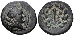 LYDIA, Sardes. Circa 133 BC-AD 14. Æ (17mm, 3.42 g, 3h). Laureate head of Apollo right / Club within wreath. Johnston, Greek 197; SNG Copenhagen -. VF, dark green patina.