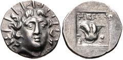 ISLANDS off CARIA, Rhodos. Rhodes . Circa 125-88 BC. AR Hemidrachm (13mm, 1.40 g, 12h). ‘Plinthophoric’ coinage. Melantas, magistrate. Radiate head of Helios facing slightly right / Rose with bud to l