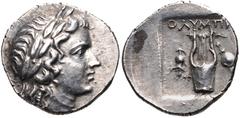 LYCIA, Olympos. Circa 84-77 BC. AR Drachm (16mm, 2.35 g, 12h). Laureate head of Apollo right; bow and quiver over shoulder / Kithara; helmet to left, sword and shield to right; all within incuse squar