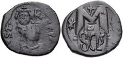 Heraclius. 610-641. Æ Follis (31mm, 16.90 g, 7h). Sicilian mint. Struck circa 616/7-621/2. Crowned facing bust of Heraclius; monogram to right; all within circular punch / SCLs within circular punch. 