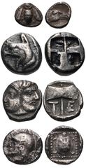 GREEK. Asia Minor. Lot of four (4) AR fractions from Troas to Ionia. Includes: ISLANDS off Troas, Tenedos. Circa 550-470 BC. AR Obol (8mm, 0.54 g, 6 h). Janiform head, female on left, male on right / 