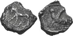 Greek SAMARIA, "Middle Levantine" Series. Circa 375-333 BC. AR Hemiobol (6mm, 0.19 g, 1h). Bridled horse walking left; [D (in Aramaic) above] / Winged sphinx, with head of Persian king, seated right; 