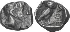 Greek PHILISTIA (PALESTINE), Uncertain mint. Circa 353-333 BC. AR Tetartemorion (5mm, 0.11 g, 5h). Imitating Athens. Helmeted head of Athena right, with profile eye, of crude style / Owl standing righ