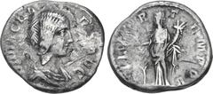 Roman Imperial Didia Clara. Augusta, AD 193. AR Denarius (17mm, 2.81 g, 6h). Rome mint. Struck under Didius Julianus. Draped bust right / Hilaritas standing left, holding long palm frond and cornucopi