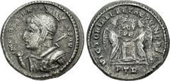 Roman Imperial Constantine I. AD 307/310-337. "BI Pseudo-Argenteus" – Follis (18.5mm, 3.05 g, 12h). Treveri (Trier) mint. Struck circa 310-313. Cuirassed bust left, wearing high-crested helmet, holdin