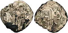 Byzantine John V Palaeologus, with Anna of Savoy (Regent). 1341-1391. Fourrée Hyperpyron (21.5mm, 3.13 g, 6h). Imitating an official issue of the Constantinople mint, circa 1341-1347. Anna, holding tr