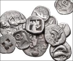 GREEK. Northern Greece. Lot of eleven (11) AR fractions from Thasos. Includes: Circa 412-404 BC. AR Trihemiobol. Silenos kneeling left, holding kylix / Amphora within incuse square. Le Rider, Thasienn