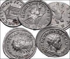 ROMAN. Imperial. Lot of five (5) Antioch mint AR Antoniniani from Herennius Etruscus to Trebonianus Gallus. Includes: Herennius Etruscus. RIC IV 145 // Herennia Etruscilla. RIC IV 63a // Trebonianus G