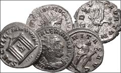 ROMAN. Imperial. Lot of five (5) Antioch mint AR Antoniniani of Trebonianus Gallus and Valerian. Includes: Trebonianus Gallus. RIC IV 89 // 91 // 92 // Valerian. RIC V 213 // 214. Good VF to EF, sligh