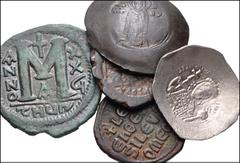 BYZANTINE. Lot of six (6) miscellaneous issues from Justinian I to Andronicus I. Includes: Justinian I. Æ Follis // Justin II and Sophia. Æ Half Follis // Constantine IV. AR Hexagram // Leo VI. Æ Foll