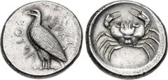 Greek SICILY, Akragas. Circa 465/0–445/0 BC. AR Tetradrachm (27.5mm, 17.19 g, 6h). Sea eagle standing left; AKRAC-ANTOΣ (partially retrograde) around / Crab within shallow incuse circle. Westermark, C