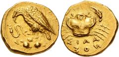 Greek SICILY, Akragas. Circa 415-406 BC. AV Tetradrachm – 2 Didrachms (10mm, 1.35 g, 2h). Reverse die signed by Silanos. Eagle standing left, snake clasped in its talons, on rock outcropping; AKPA abo